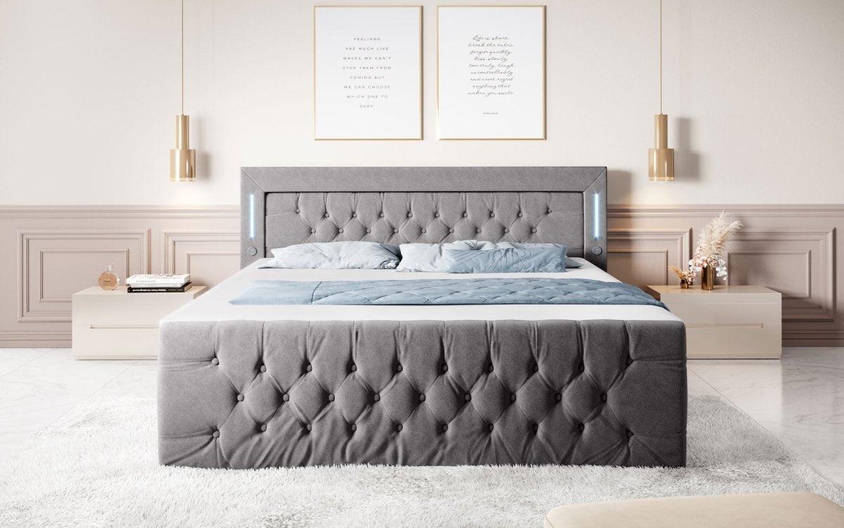 Luxuriöses Boxspringbett Queen mit integrierter LED-Beleuchtung, USB-Anschluss und praktischem Stauraum