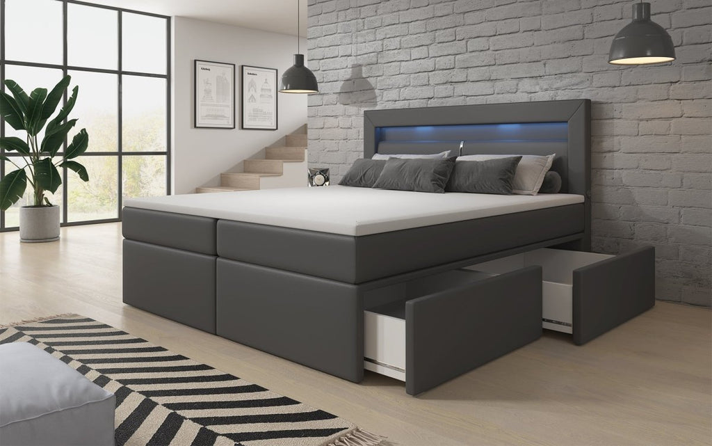 Luxuriöses Rinori Boxspringbett mit LED-Beleuchtung, USB-Anschluss und praktischem Stauraum