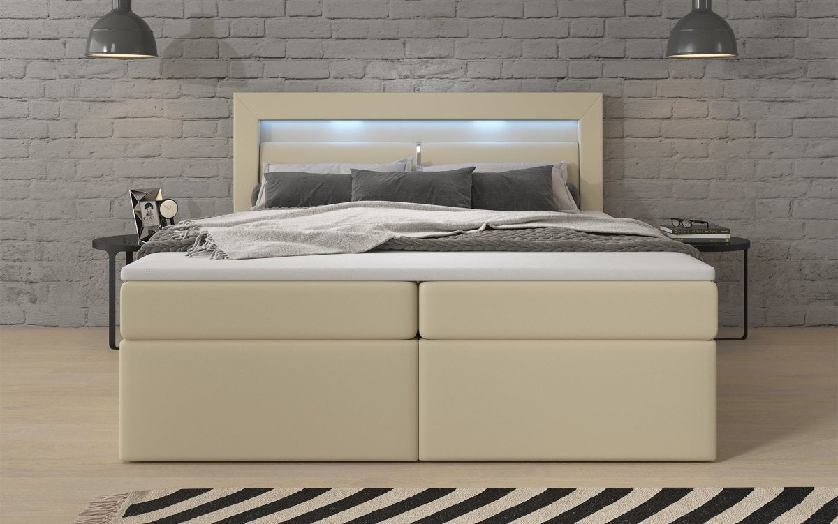 Luxuriöses Rinori Boxspringbett mit LED-Beleuchtung, USB-Anschluss und praktischem Stauraum