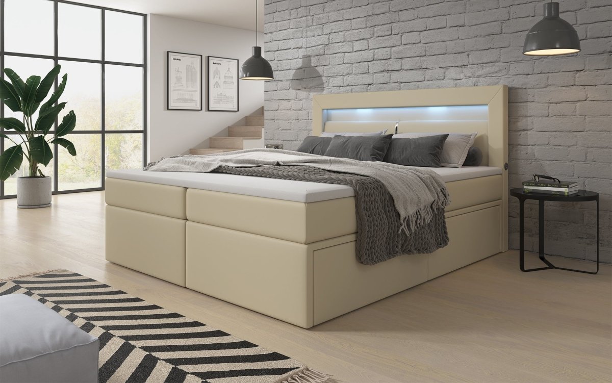 Luxuriöses Rinori Boxspringbett mit LED-Beleuchtung, USB-Anschluss und praktischem Stauraum