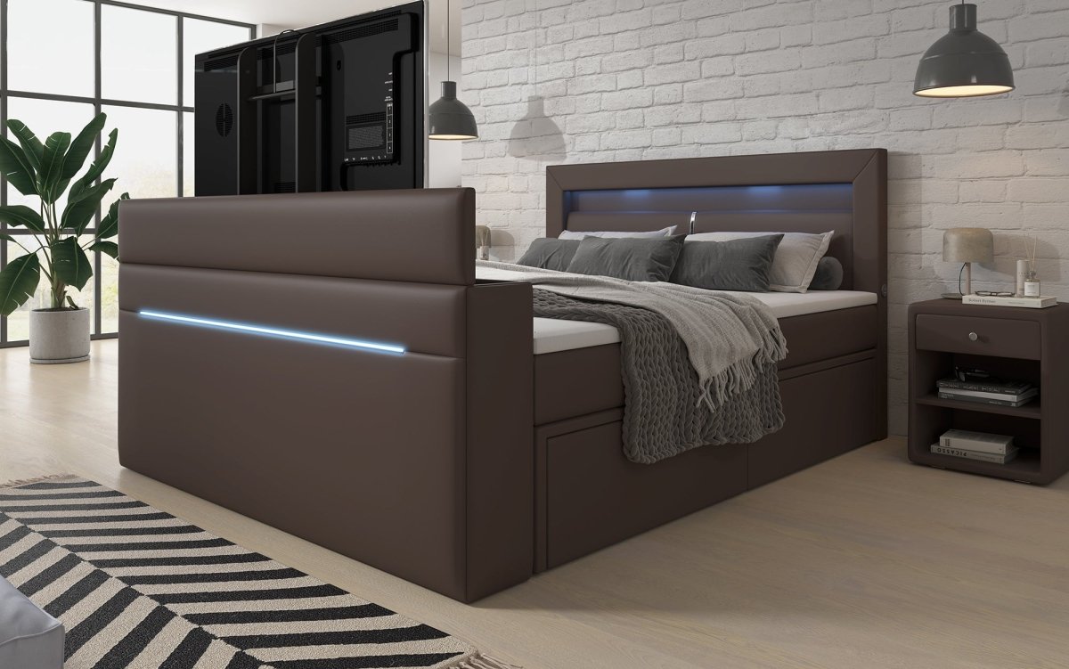 Rinori Luxus Boxspringbett mit TV-Lift, USB, LED-Beleuchtung und Stauraum