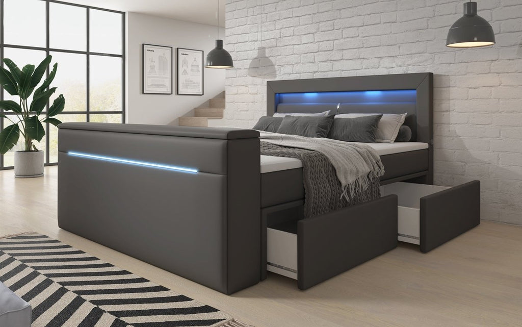 Rinori Luxus Boxspringbett mit TV-Lift, USB, LED-Beleuchtung und Stauraum