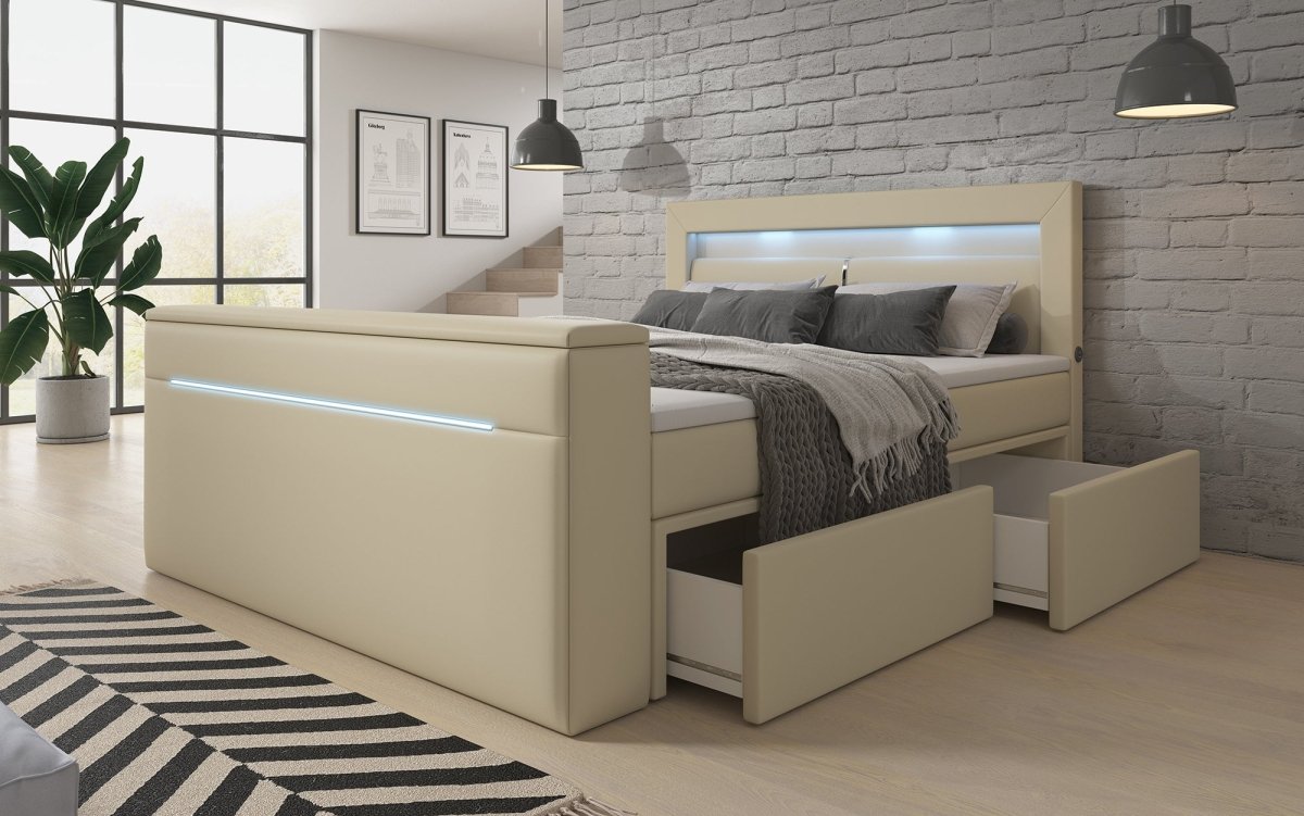 Luxuriöses Boxspringbett Rinori: TV-Lift, USB, LED & Stauraum Deluxe