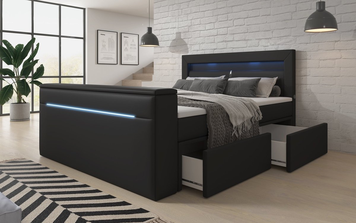 Rinori Luxus Boxspringbett mit TV-Lift, USB, LED-Beleuchtung und Stauraum