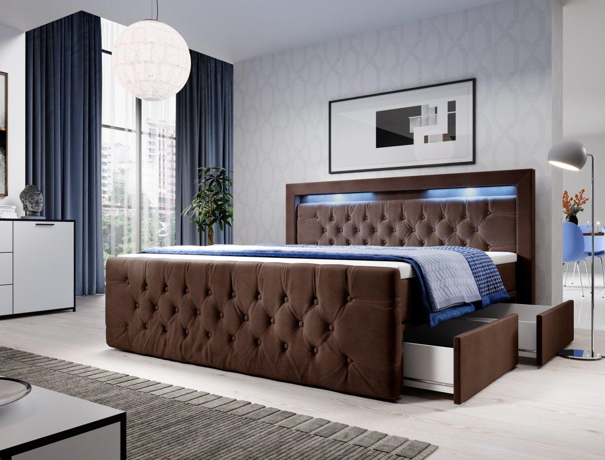 Luxuriöses Boxspringbett Sera mit LED, Praktischem Stauraum und Samtbezug