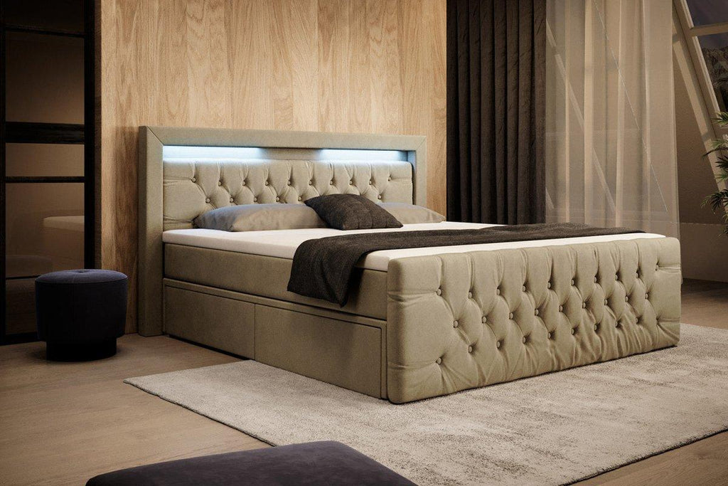 Luxuriöses Boxspringbett Sera mit LED, Praktischem Stauraum und Samtbezug