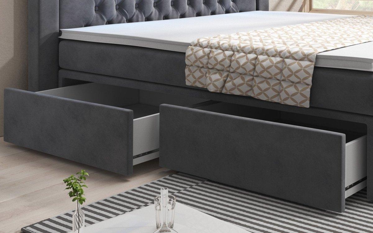 Luxuriöses Boxspringbett Sera mit LED, Praktischem Stauraum und Samtbezug
