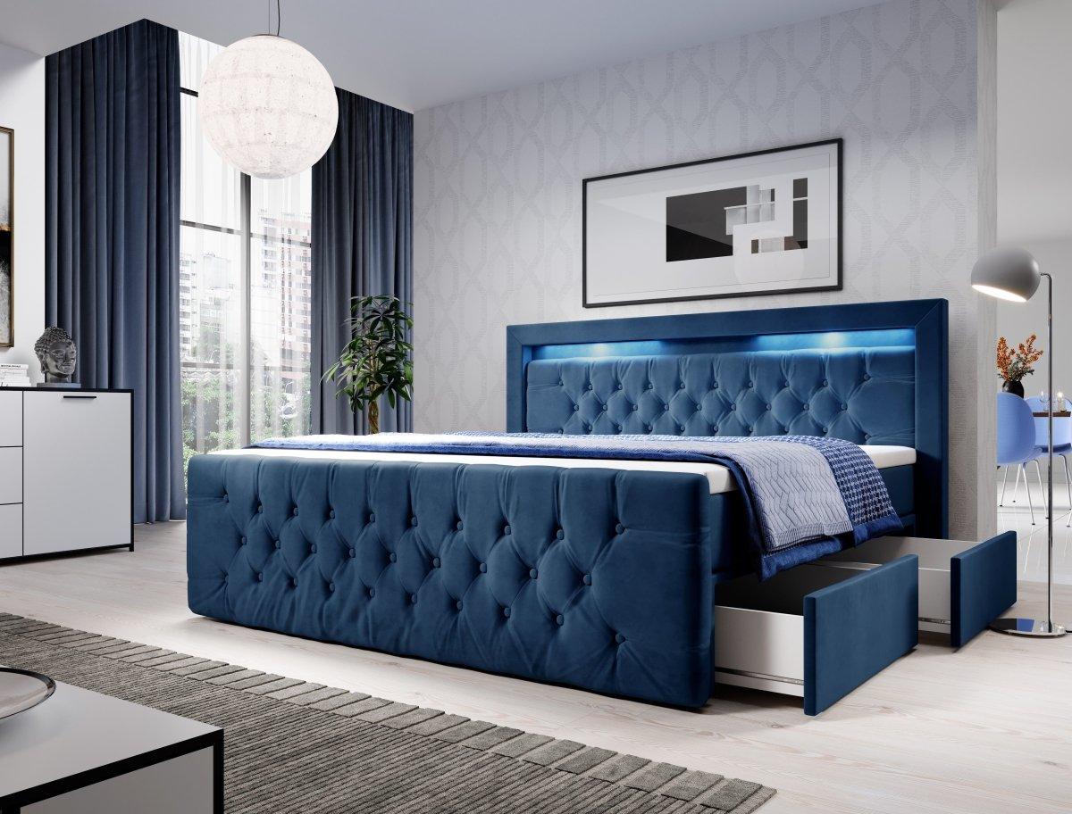 Luxuriöses Boxspringbett Sera mit LED, Praktischem Stauraum und Samtbezug