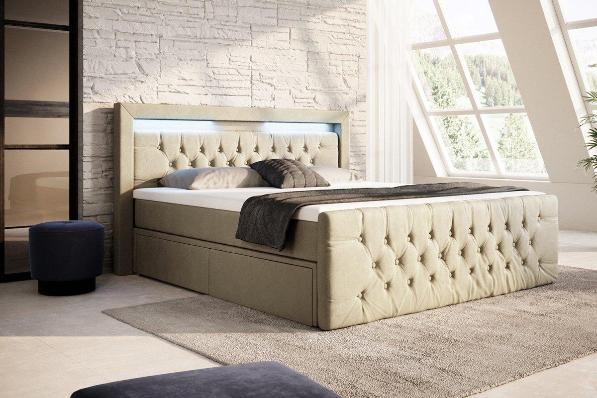Luxuriöses Boxspringbett Sera mit LED, Praktischem Stauraum und Samtbezug