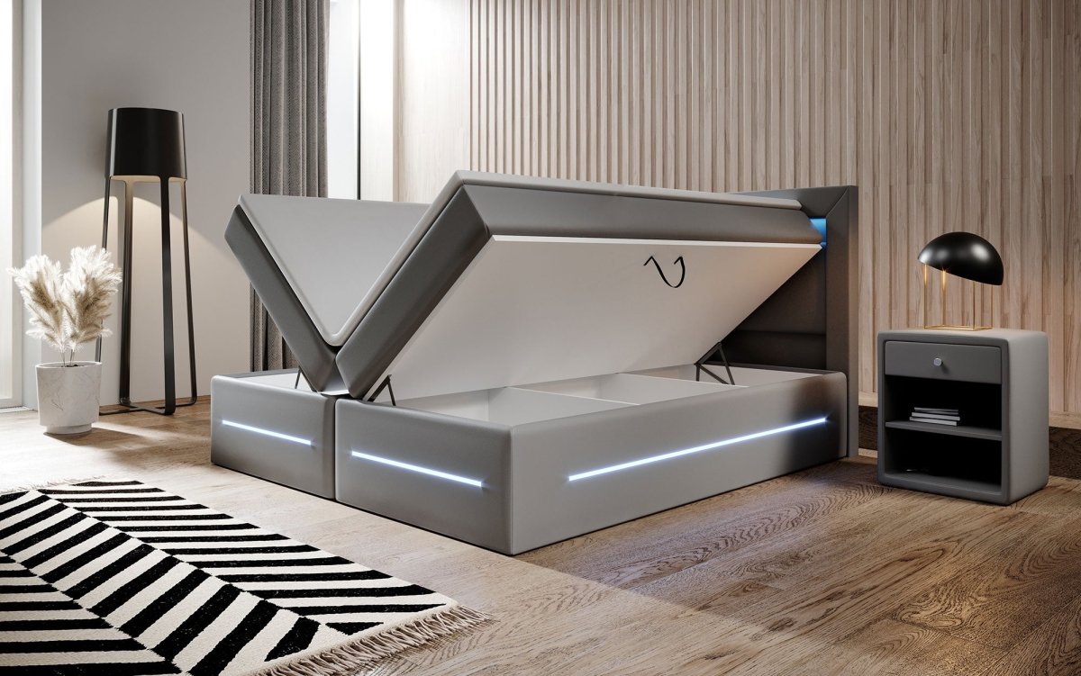 Boxspringbett Sevilla: Modernes Design, LED-Beleuchtung, Integrierter Stauraum & Komfort-Matratze