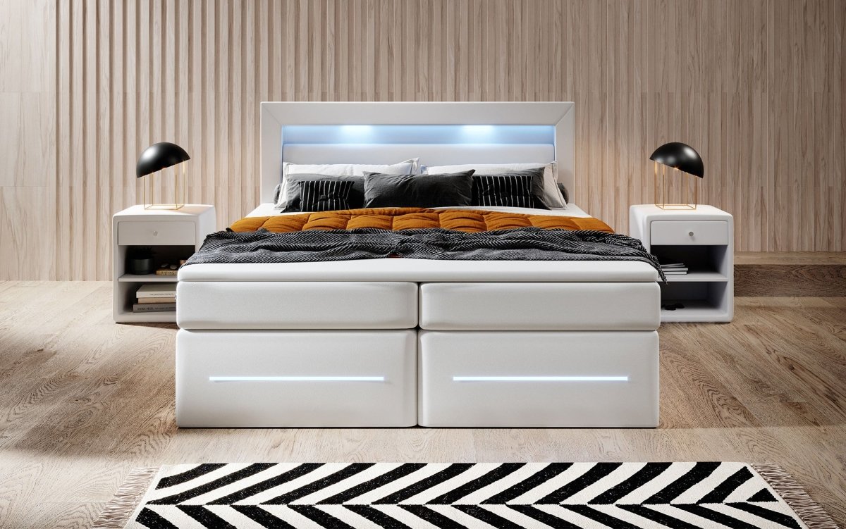 Boxspringbett Sevilla: Modernes Design, LED-Beleuchtung, Integrierter Stauraum & Komfort-Matratze