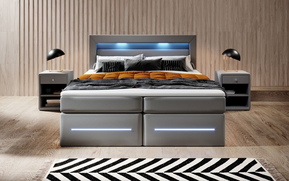 Boxspringbett Sevilla: Modernes Design, LED-Beleuchtung, Integrierter Stauraum & Komfort-Matratze