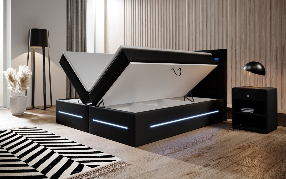 Boxspringbett Sevilla: Modernes Design, LED-Beleuchtung, Integrierter Stauraum & Komfort-Matratze