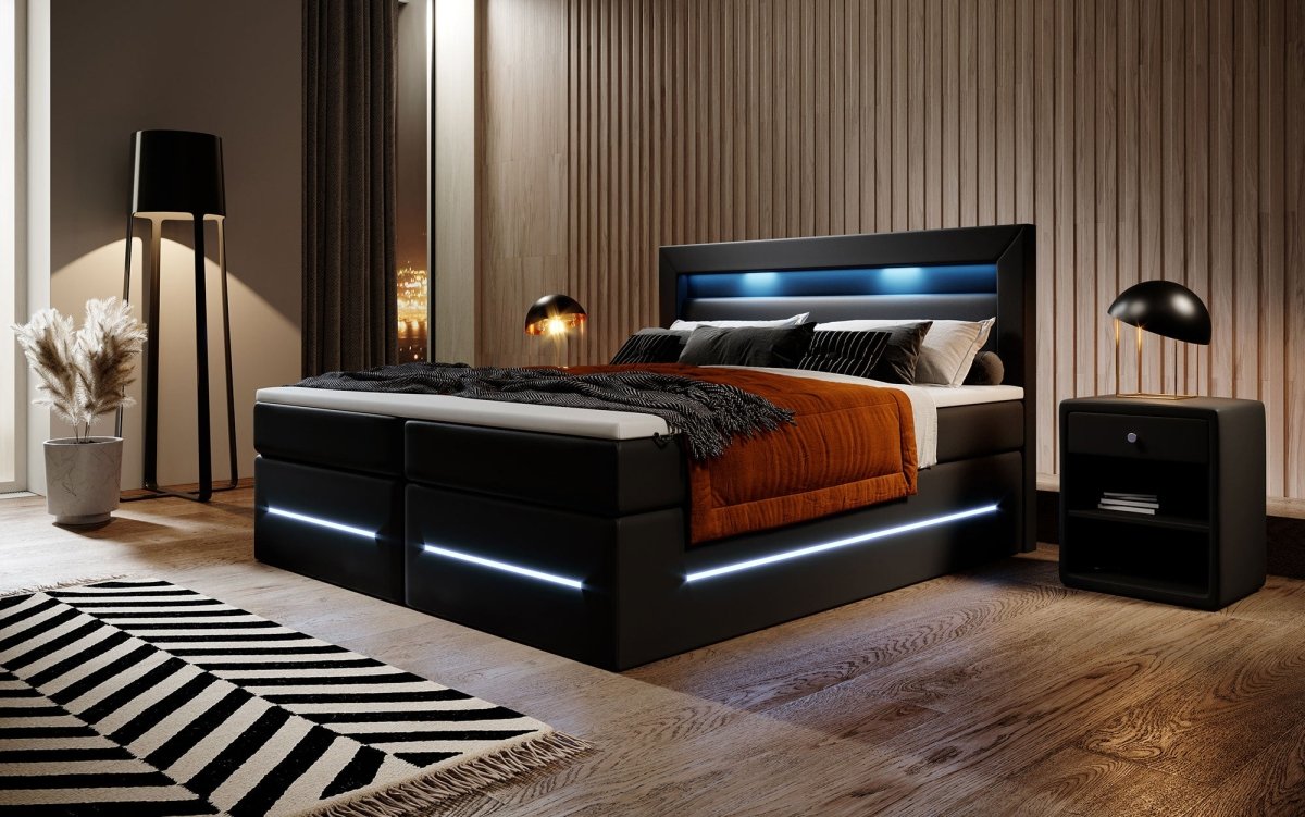 Boxspringbett Sevilla: Modernes Design, LED-Beleuchtung, Integrierter Stauraum & Komfort-Matratze