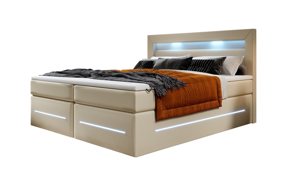 Boxspringbett Sevilla: Modernes Design, LED-Beleuchtung, Integrierter Stauraum & Komfort-Matratze