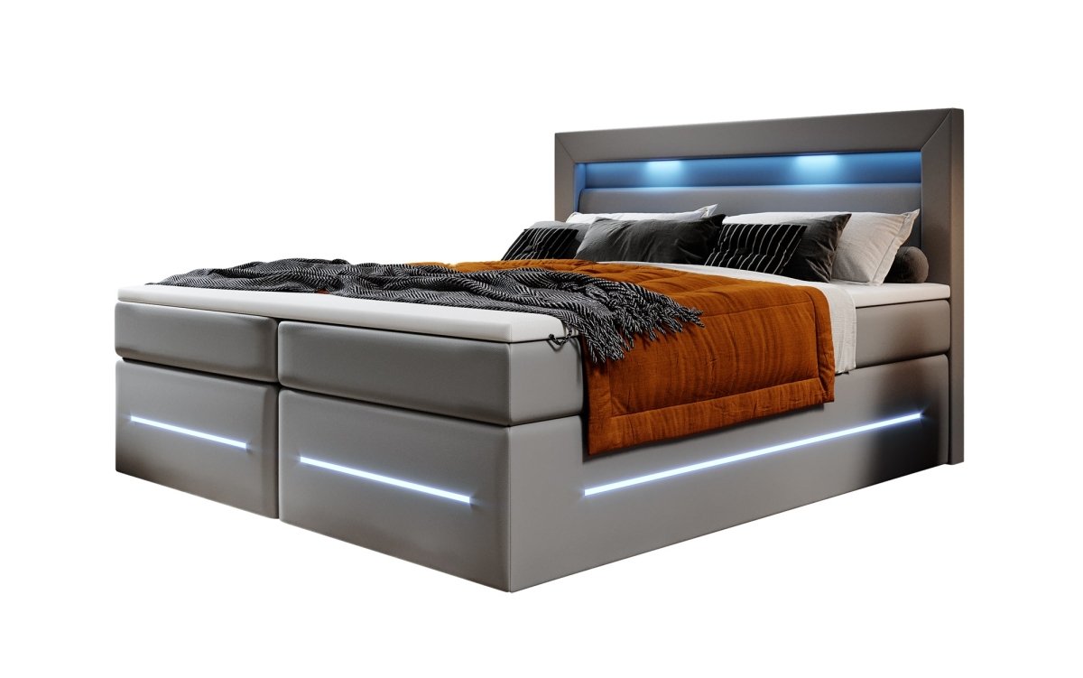 Boxspringbett Sevilla: Modernes Design, LED-Beleuchtung, Integrierter Stauraum & Komfort-Matratze