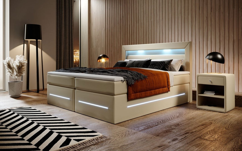 Boxspringbett Sevilla: Modernes Design, LED-Beleuchtung, Integrierter Stauraum & Komfort-Matratze