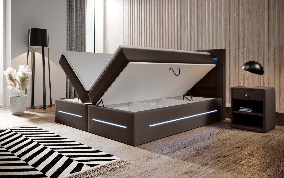 Boxspringbett Sevilla: Modernes Design, LED-Beleuchtung, Integrierter Stauraum & Komfort-Matratze