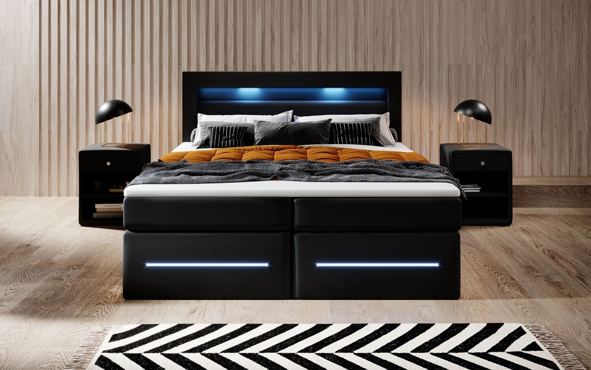 Boxspringbett Sevilla: Modernes Design, LED-Beleuchtung, Integrierter Stauraum & Komfort-Matratze