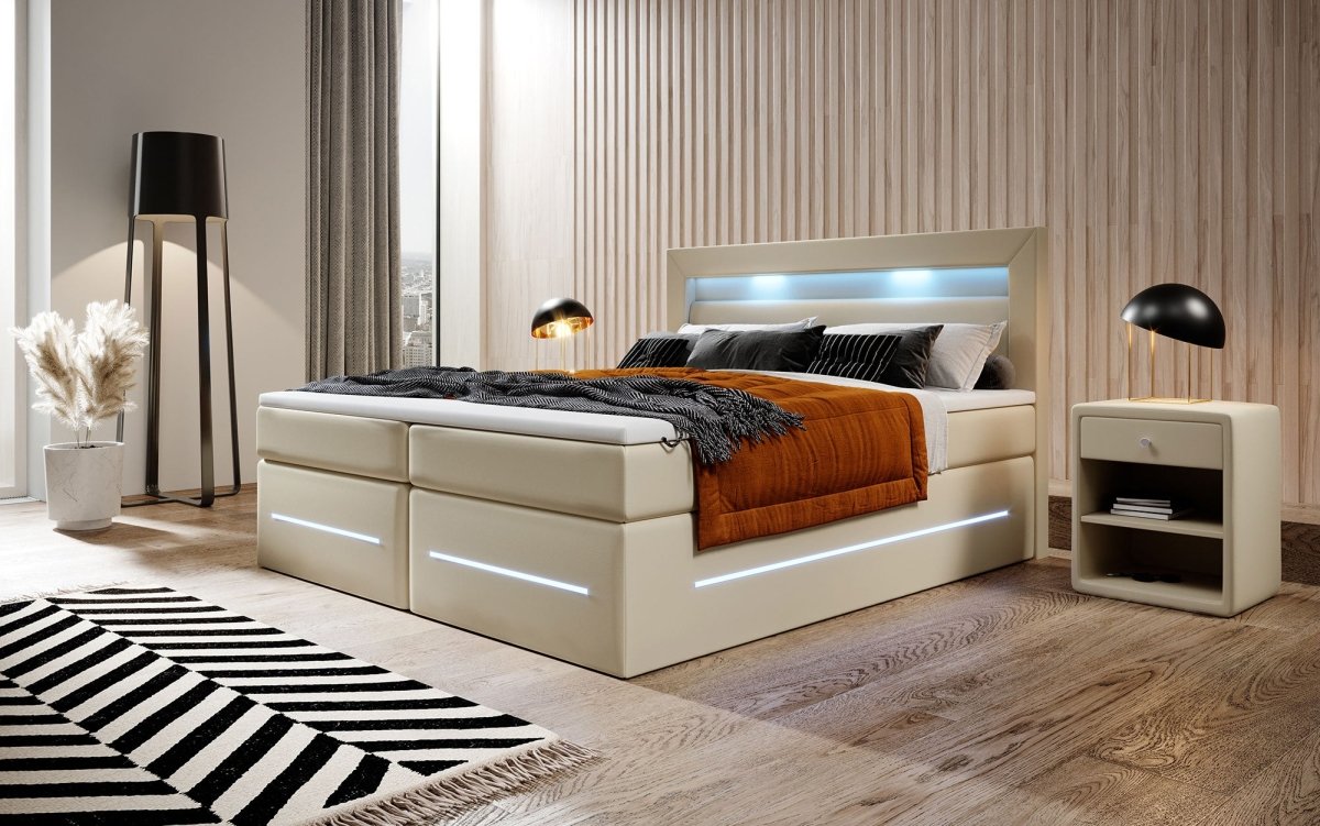 Boxspringbett Sevilla: Modernes Design, LED-Beleuchtung, Integrierter Stauraum & Komfort-Matratze