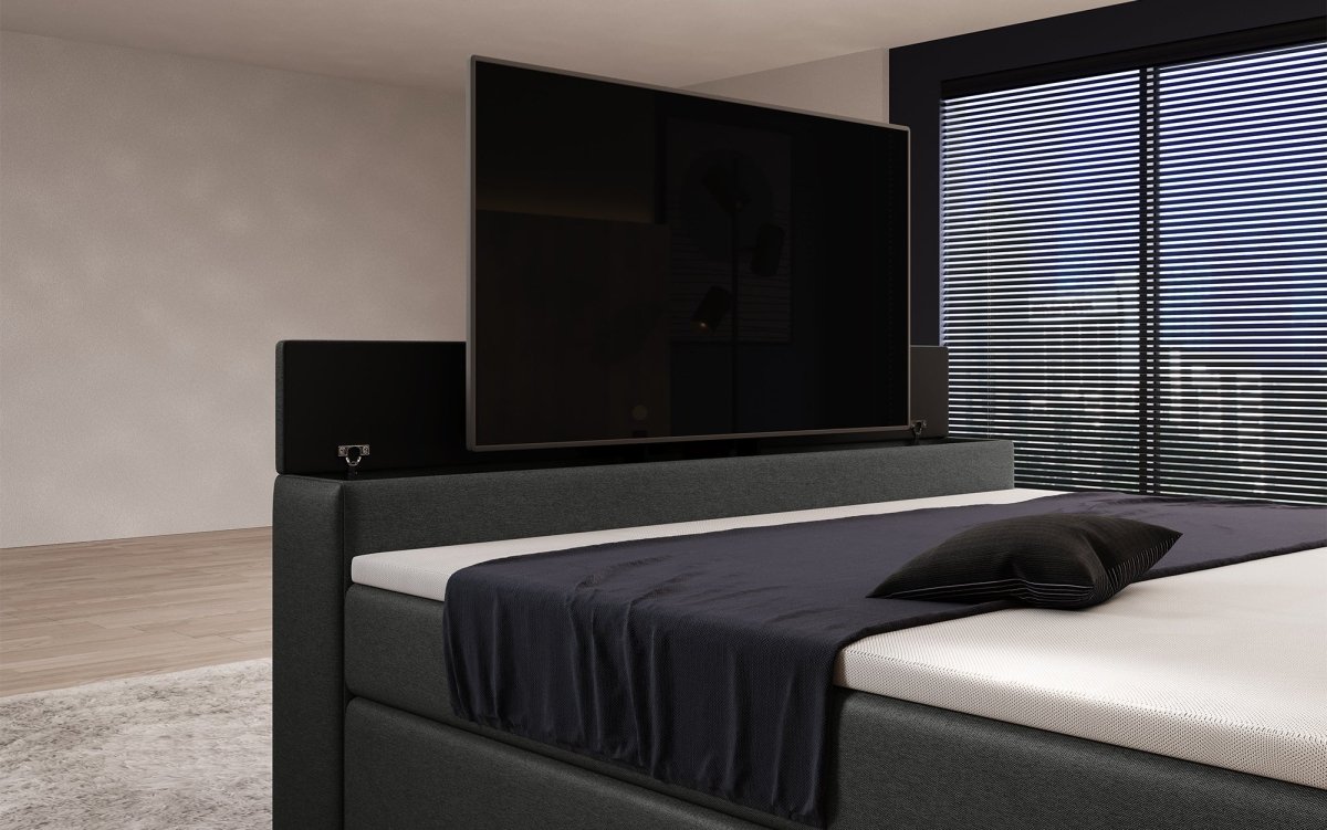 Luxuriöses Boxspringbett Simple mit integriertem TV-Lift und stimmungsvoller LED-Beleuchtung