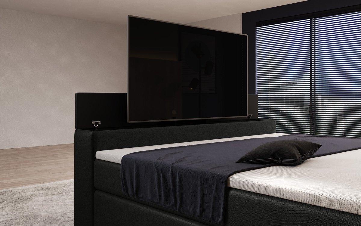 Luxuriöses Boxspringbett Simple mit integriertem TV-Lift und stimmungsvoller LED-Beleuchtung