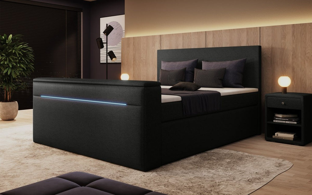 Luxuriöses Boxspringbett Simple mit integriertem TV-Lift und stimmungsvoller LED-Beleuchtung