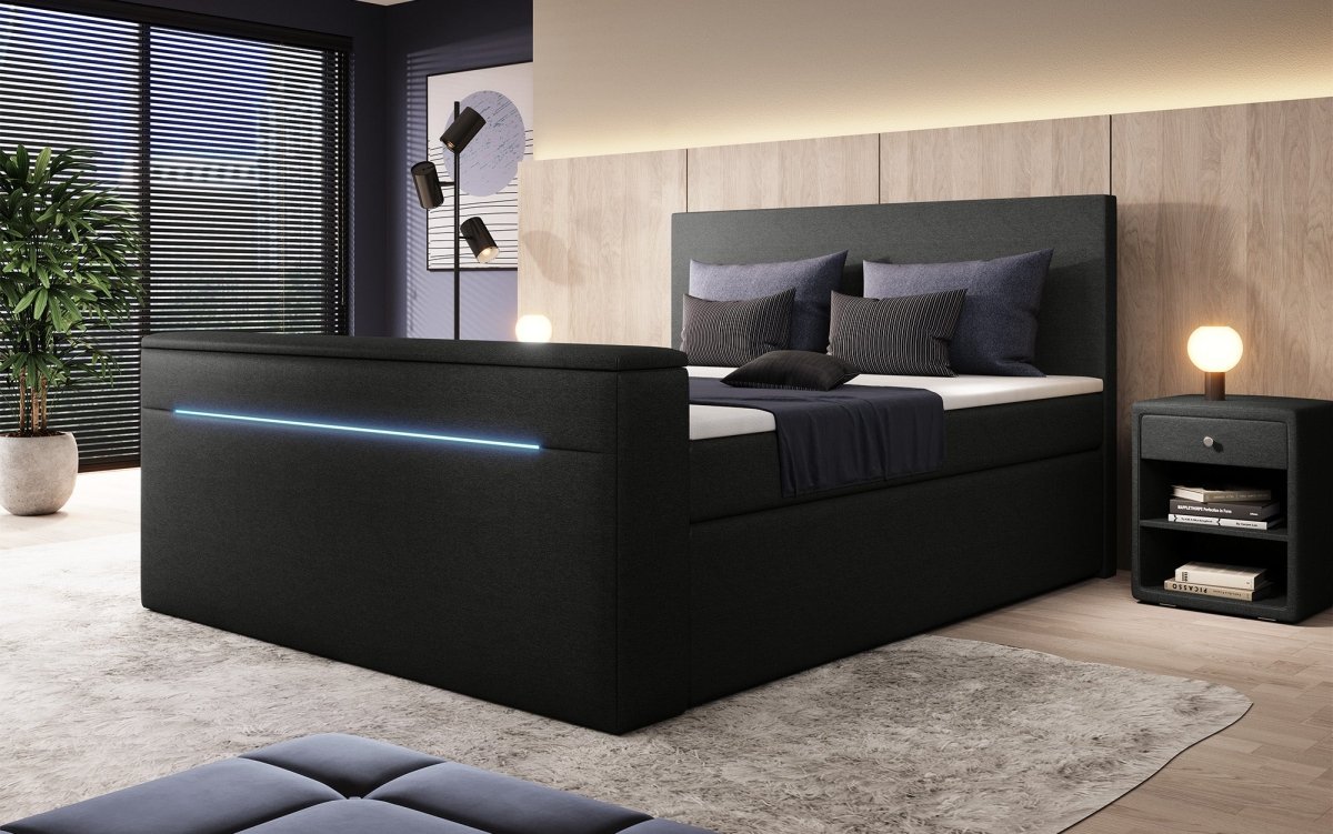 Luxuriöses Boxspringbett Simple mit integriertem TV-Lift und stimmungsvoller LED-Beleuchtung