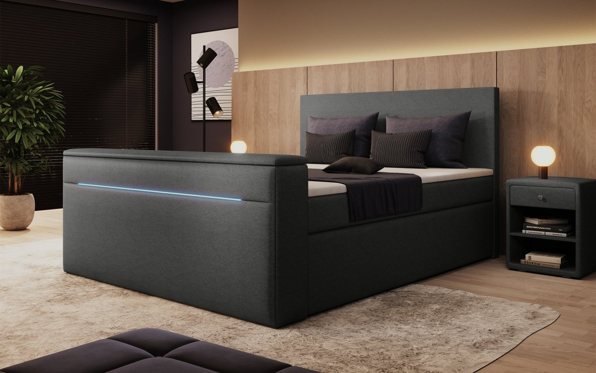Luxuriöses Boxspringbett Simple mit integriertem TV-Lift und stimmungsvoller LED-Beleuchtung