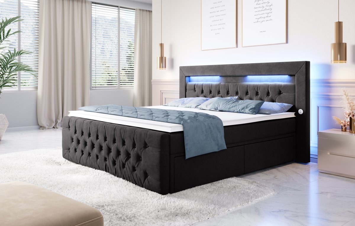 Luxuriöses Boxspringbett Sunshine: Indirekte Beleuchtung, USB-Anschlüsse, Stauraum
