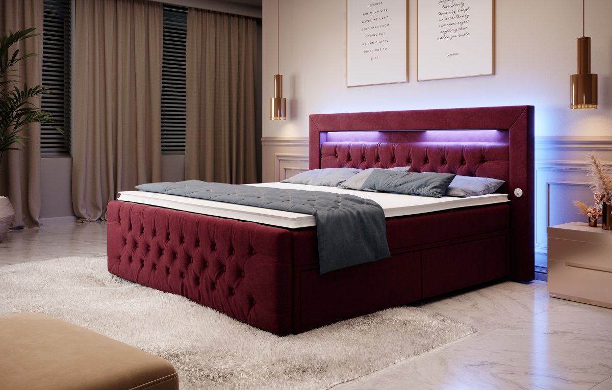 Luxuriöses Boxspringbett Sunshine: Indirekte Beleuchtung, USB-Anschlüsse, Stauraum
