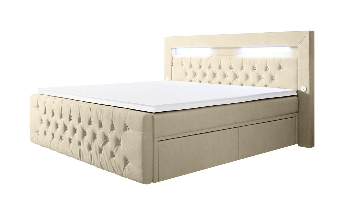 Luxuriöses Boxspringbett Sunshine: Indirekte Beleuchtung, USB-Anschlüsse, Stauraum