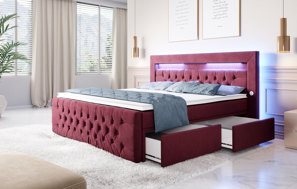Luxuriöses Boxspringbett Sunshine: Indirekte Beleuchtung, USB-Anschlüsse, Stauraum