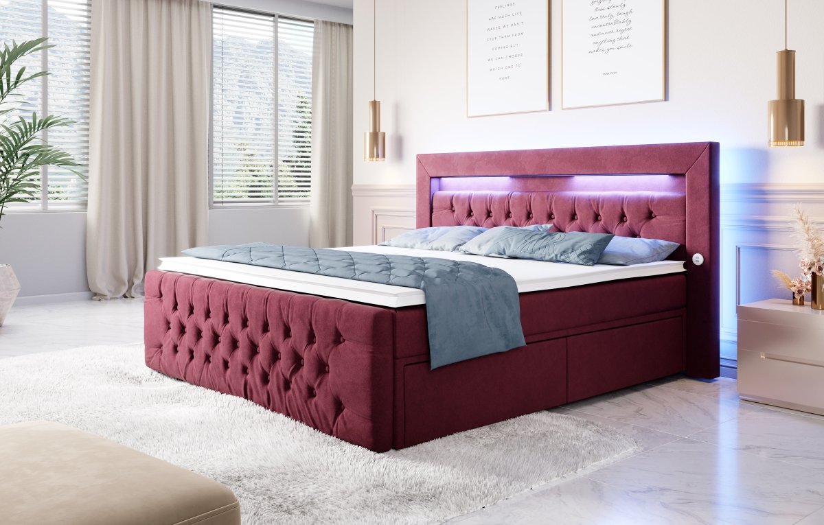 Luxuriöses Boxspringbett Sunshine: Indirekte Beleuchtung, USB-Anschlüsse, Stauraum