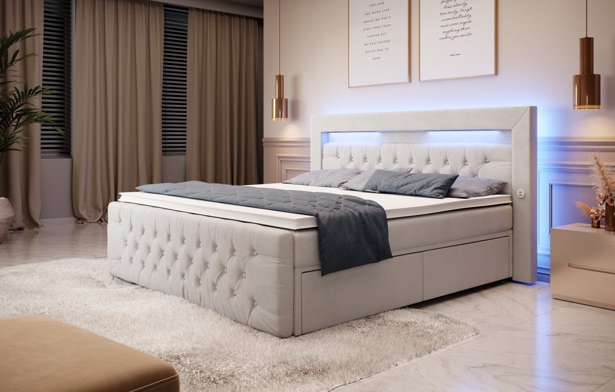 Luxuriöses Boxspringbett Sunshine: Indirekte Beleuchtung, USB-Anschlüsse, Stauraum