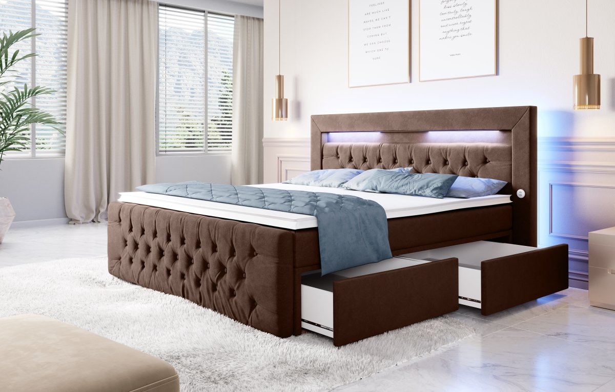 Luxuriöses Boxspringbett Sunshine: Indirekte Beleuchtung, USB-Anschlüsse, Stauraum