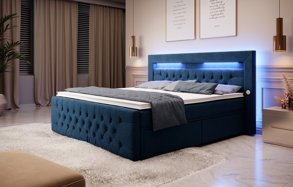 Luxuriöses Boxspringbett Sunshine: Indirekte Beleuchtung, USB-Anschlüsse, Stauraum