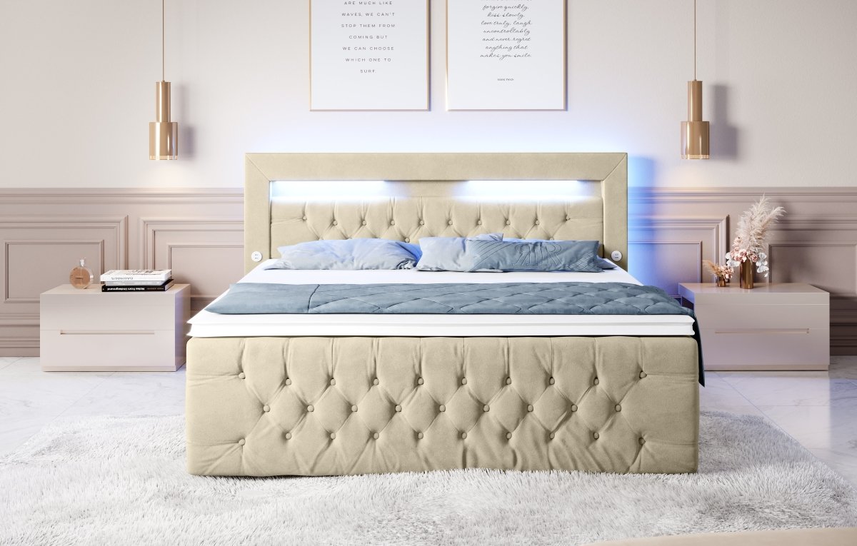 Luxuriöses Boxspringbett Sunshine: Indirekte Beleuchtung, USB-Anschlüsse, Stauraum
