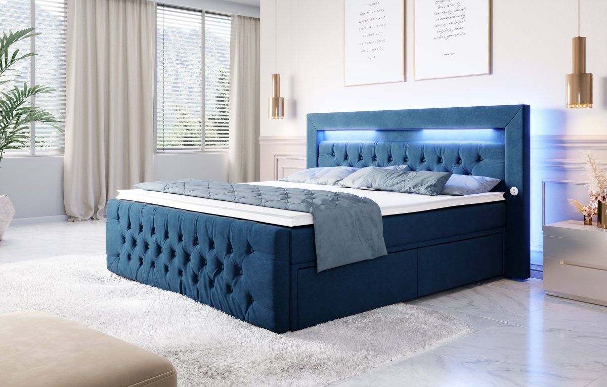 Luxuriöses Boxspringbett Sunshine: Indirekte Beleuchtung, USB-Anschlüsse, Stauraum