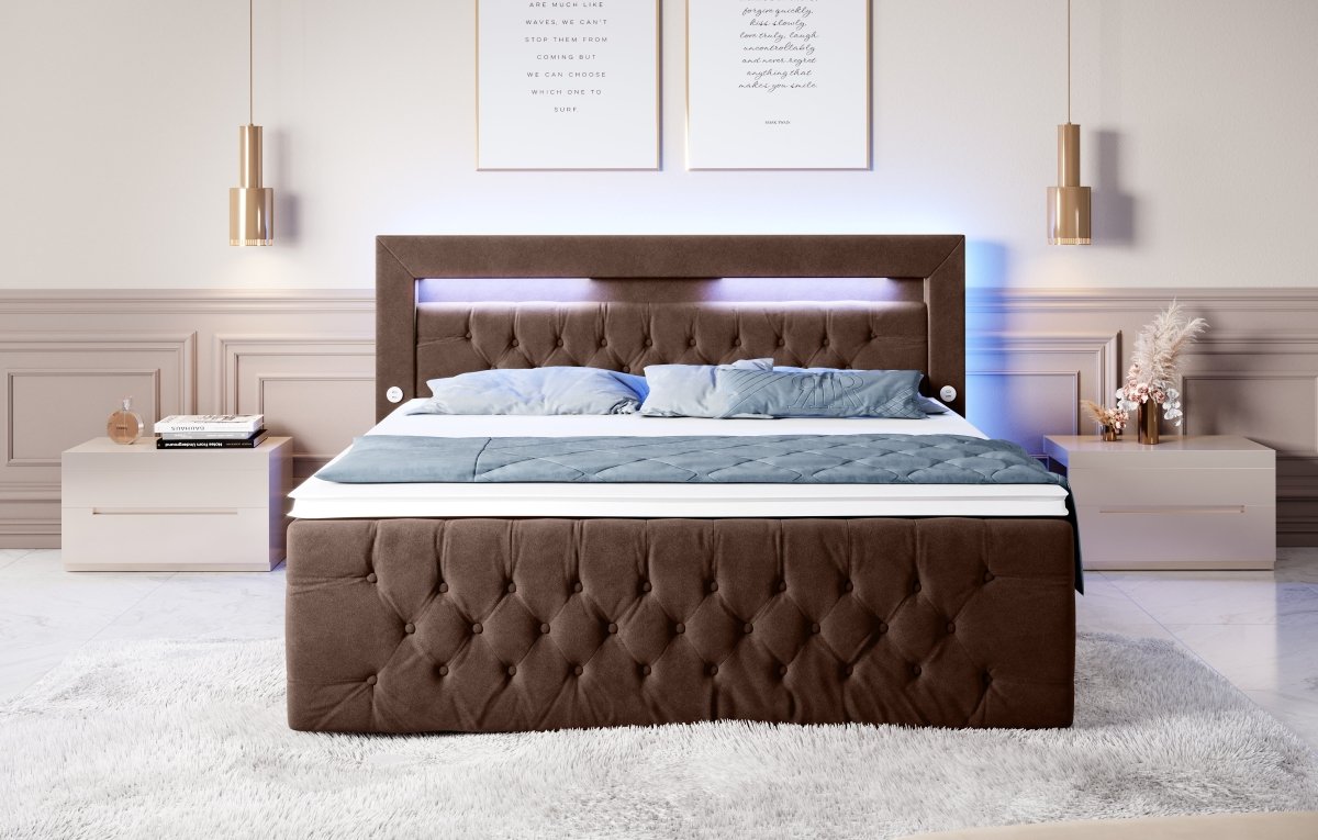 Luxuriöses Boxspringbett Sunshine: Indirekte Beleuchtung, USB-Anschlüsse, Stauraum