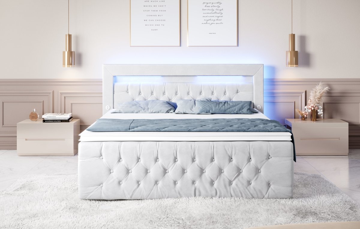 Luxuriöses Boxspringbett Sunshine: Indirekte Beleuchtung, USB-Anschlüsse, Stauraum