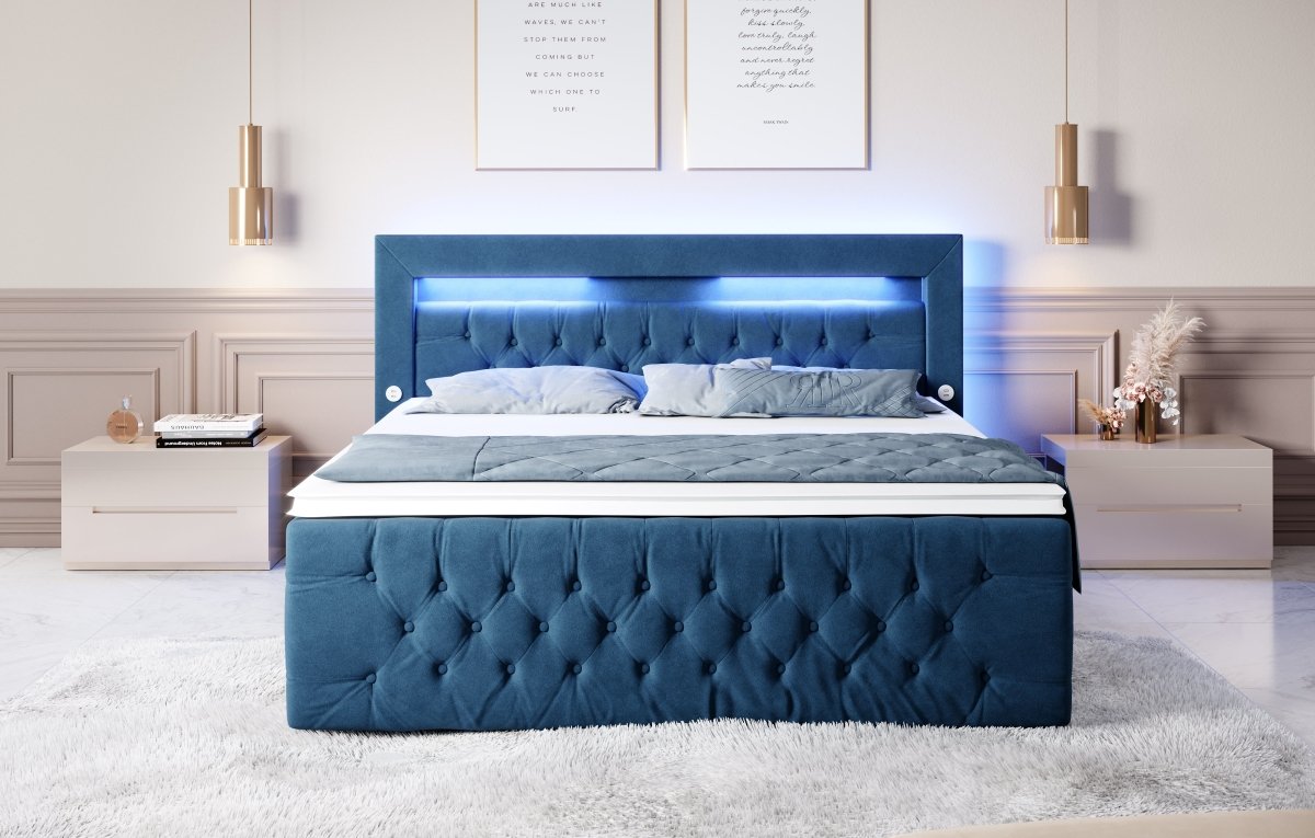 Luxuriöses Boxspringbett Sunshine: Indirekte Beleuchtung, USB-Anschlüsse, Stauraum