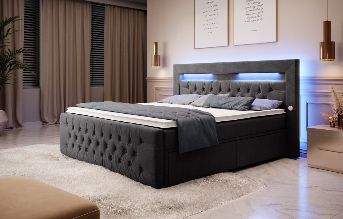 Luxuriöses Boxspringbett Sunshine: Indirekte Beleuchtung, USB-Anschlüsse, Stauraum