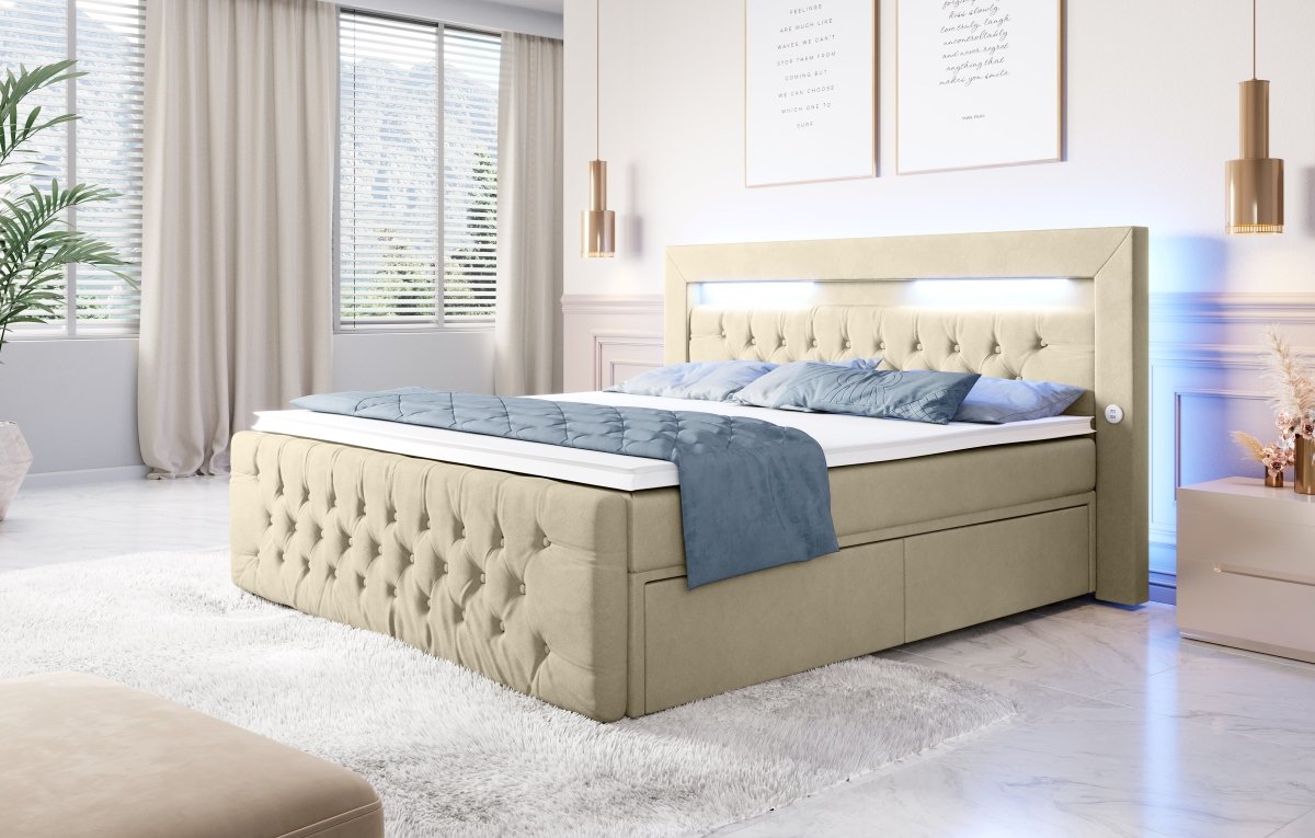 Luxuriöses Boxspringbett Sunshine: Indirekte Beleuchtung, USB-Anschlüsse, Stauraum