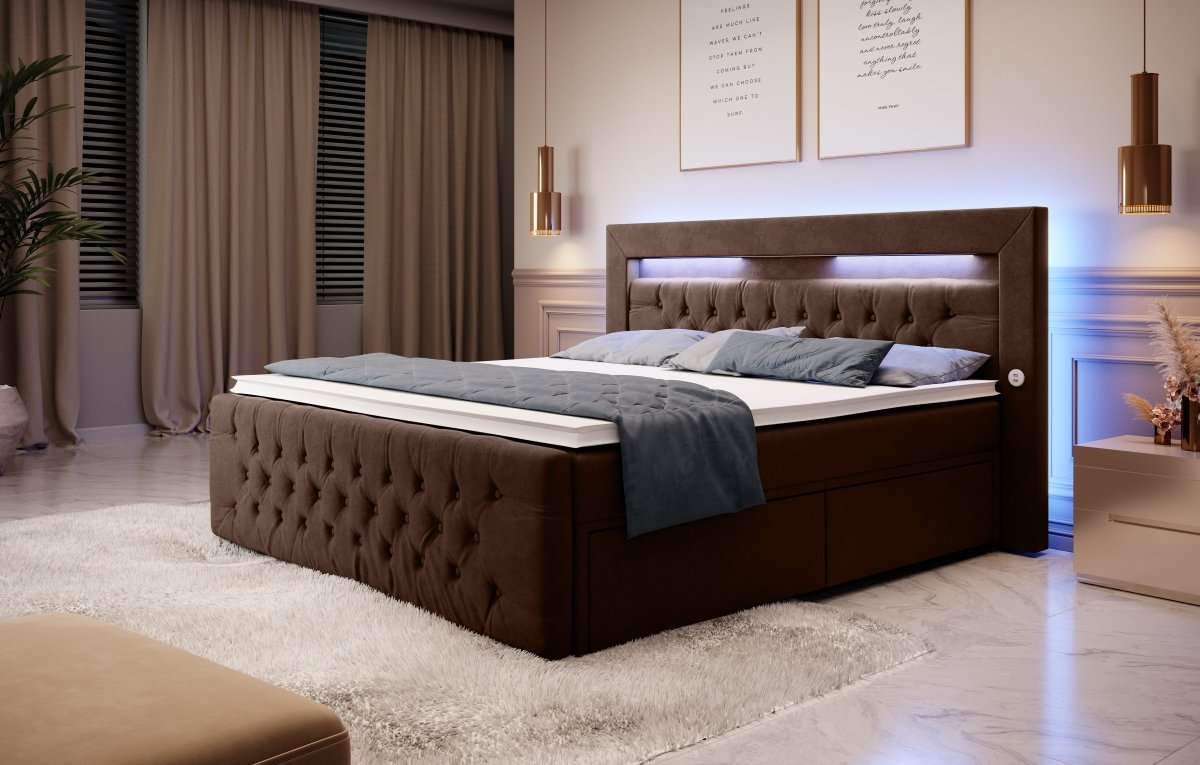 Luxuriöses Boxspringbett Sunshine: Indirekte Beleuchtung, USB-Anschlüsse, Stauraum