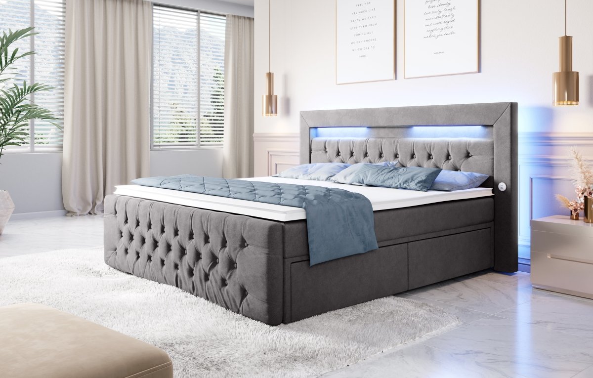 Luxuriöses Boxspringbett Sunshine: Indirekte Beleuchtung, USB-Anschlüsse, Stauraum