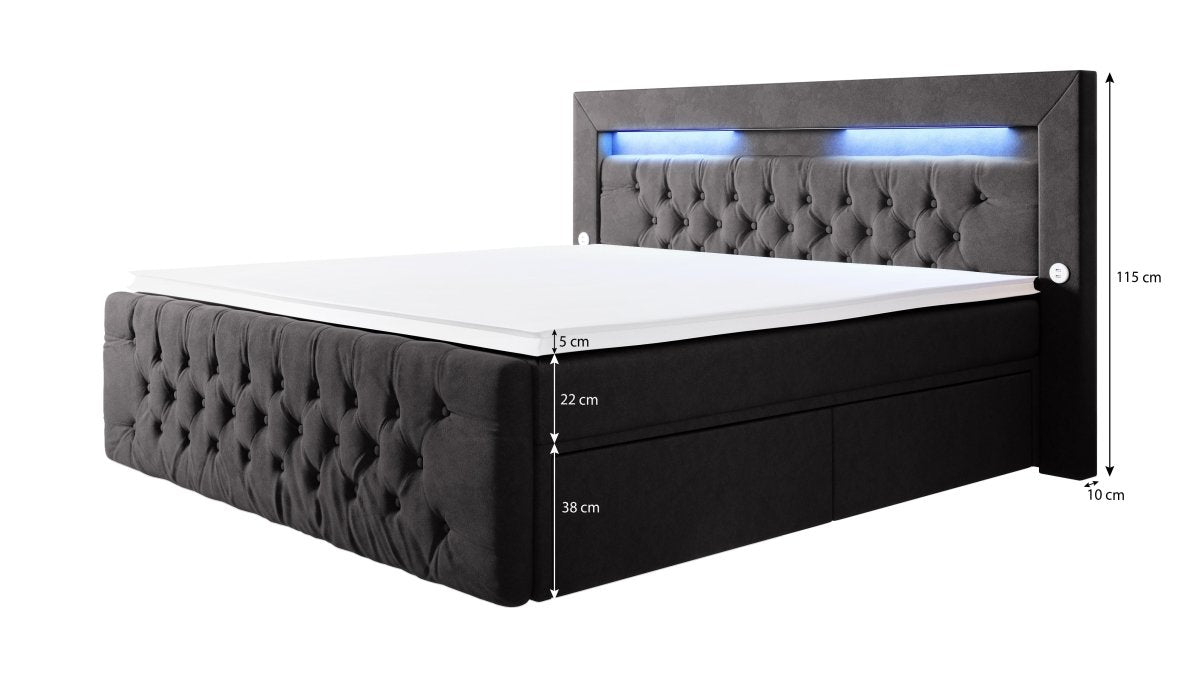 Luxuriöses Boxspringbett Sunshine: Indirekte Beleuchtung, USB-Anschlüsse, Stauraum