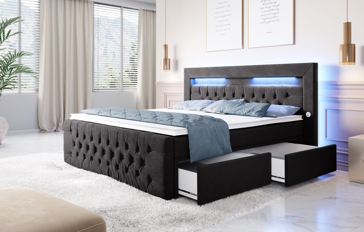 Luxuriöses Boxspringbett Sunshine: Indirekte Beleuchtung, USB-Anschlüsse, Stauraum