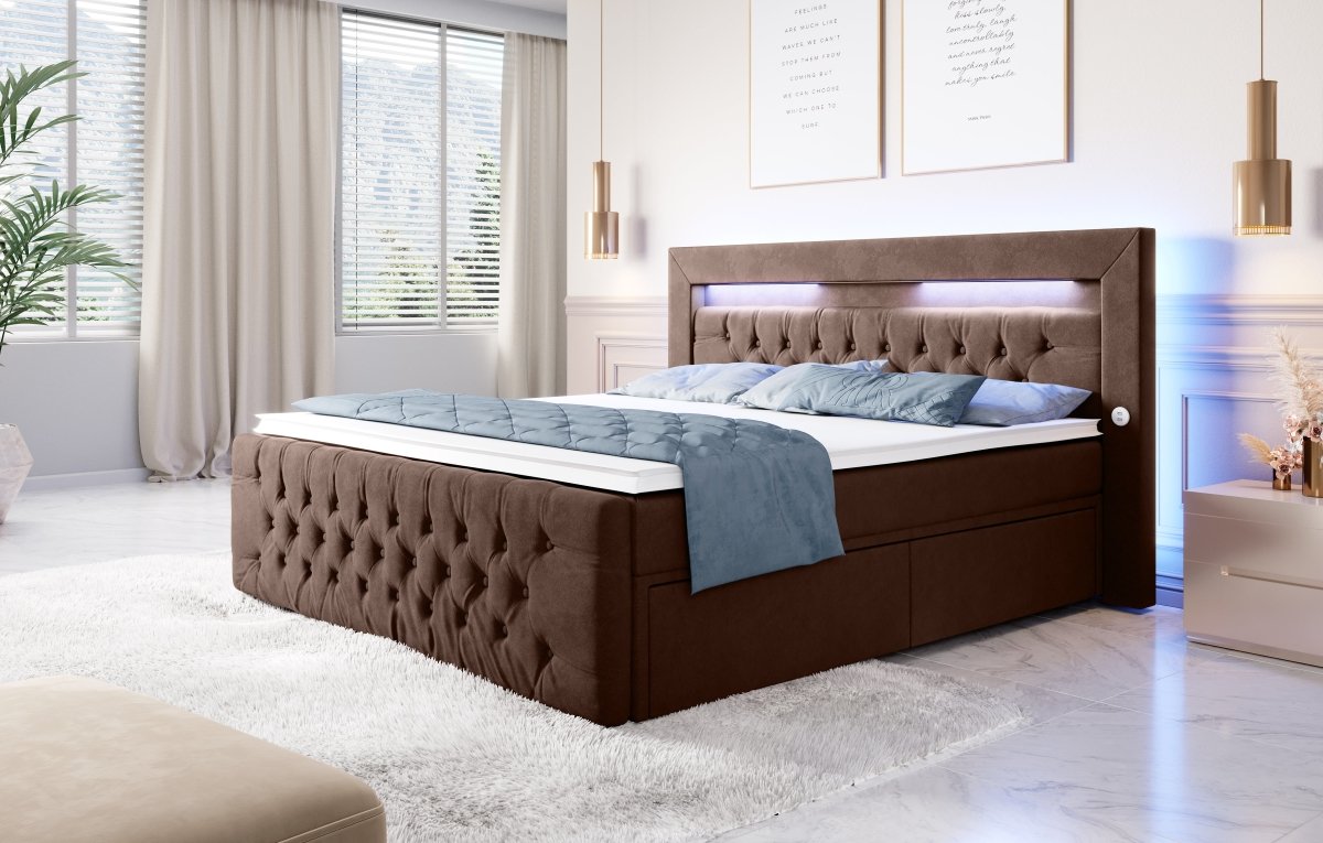 Luxuriöses Boxspringbett Sunshine: Indirekte Beleuchtung, USB-Anschlüsse, Stauraum