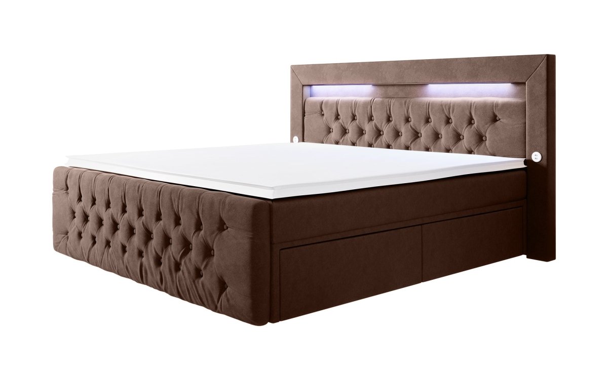 Luxuriöses Boxspringbett Sunshine: Indirekte Beleuchtung, USB-Anschlüsse, Stauraum